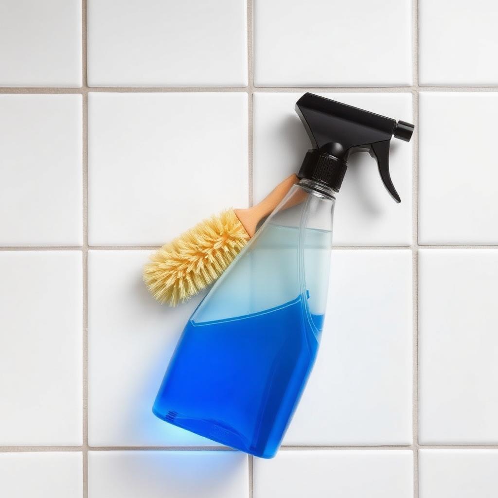 A blue spray bottle and a wooden handled scrub brush resting against a clean white tiled wall, bright bathroom lighting, top down view.