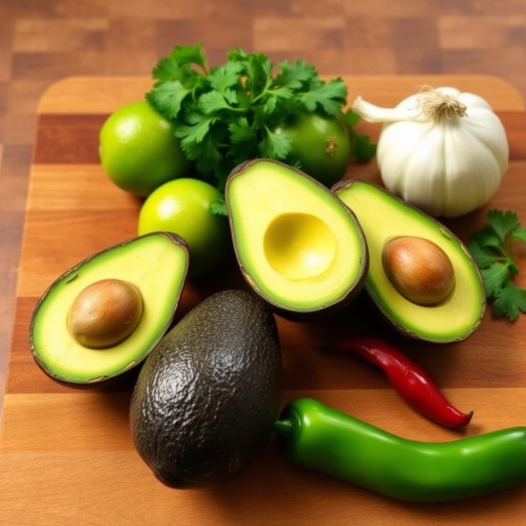 Halved ripe Hass avocados on a wooden board with limes, white onion, cilantro and a serrano pepper, the core ingredients for authentic guacamole