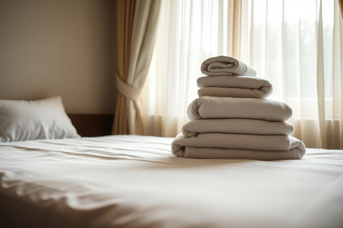 Guest room bed with sheets stripped and used towels folded neatly at the end of a stay