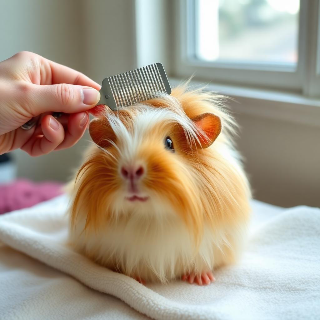 A hand gently combing the long flowing fur of a long haired Peruvian guinea pig with a small stainless steel comb while the guinea pig sits calmly on a soft towel by a window