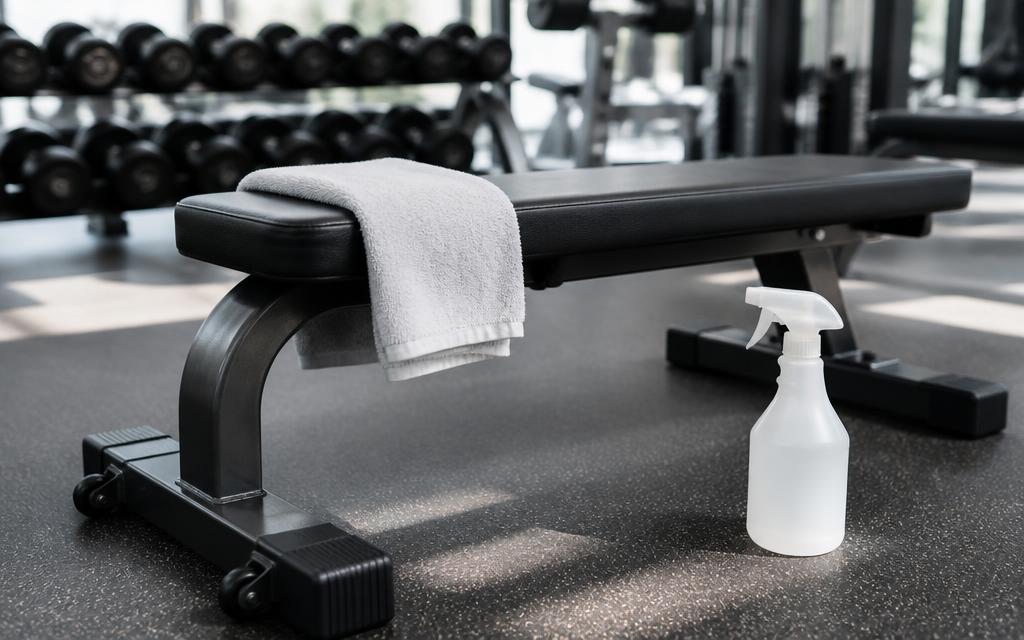 Gym weight bench with a towel and cleaning spray bottle left ready after a set