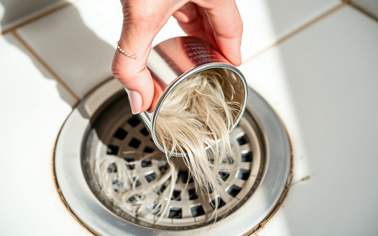 Hand lifting a stainless steel cylindrical hair catcher from a shower drain revealing collected hair