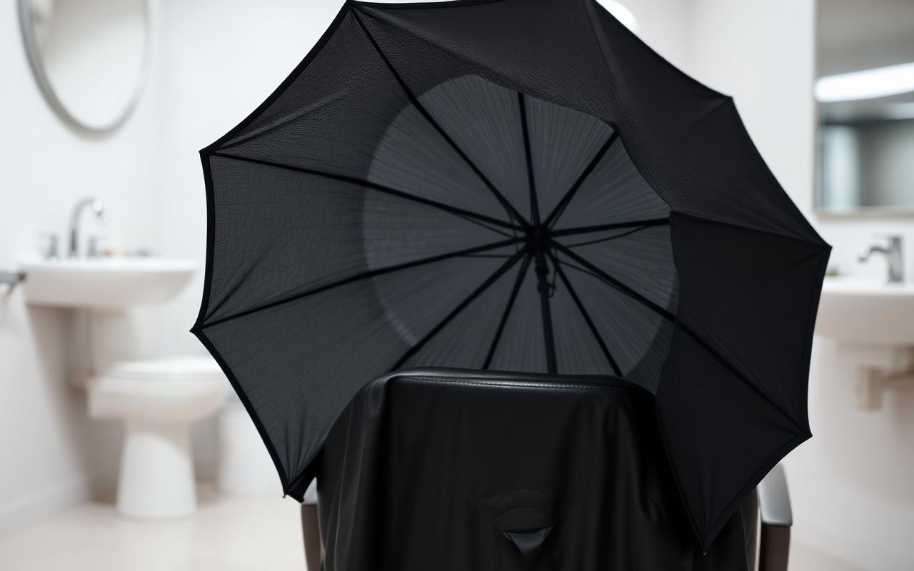 Black umbrella-style haircutting cape spread open with raised rim visible