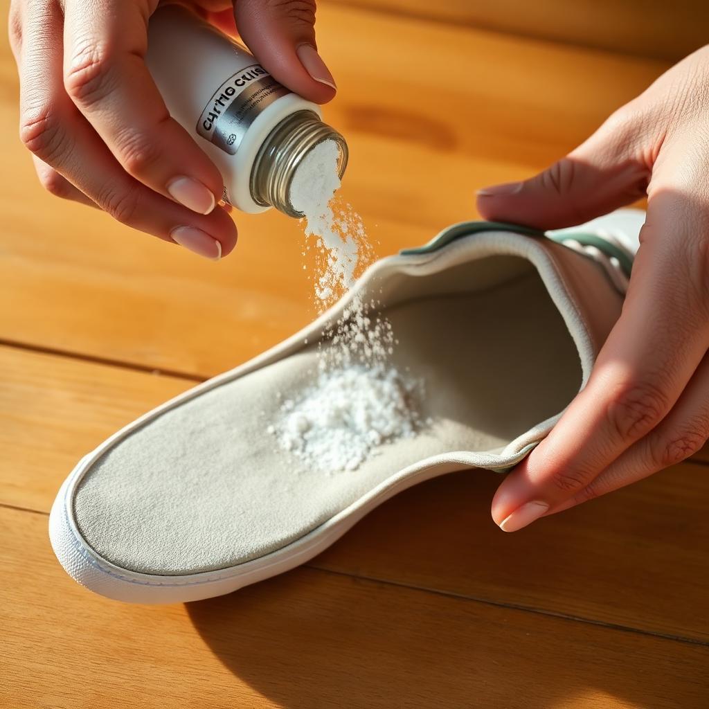 Hands sprinkling talcum powder into the inside of a sneaker insole to silence squeaks