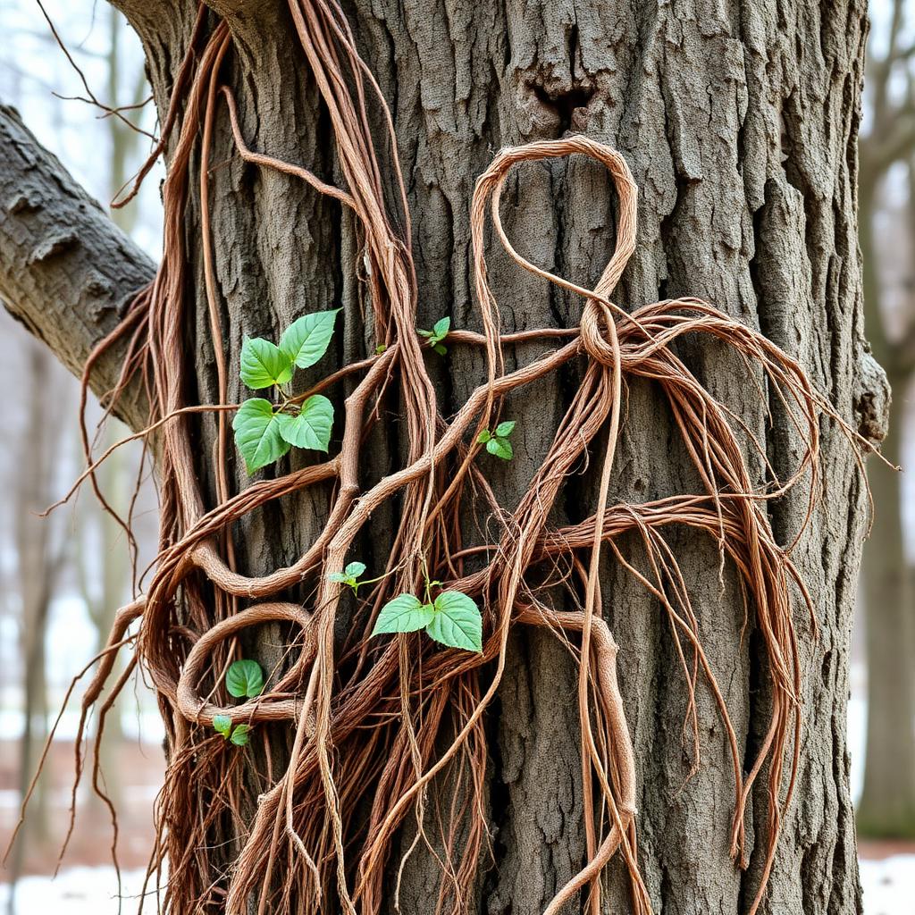 A thick hairy poison ivy vine clinging tightly to the bark of a mature tree in winter