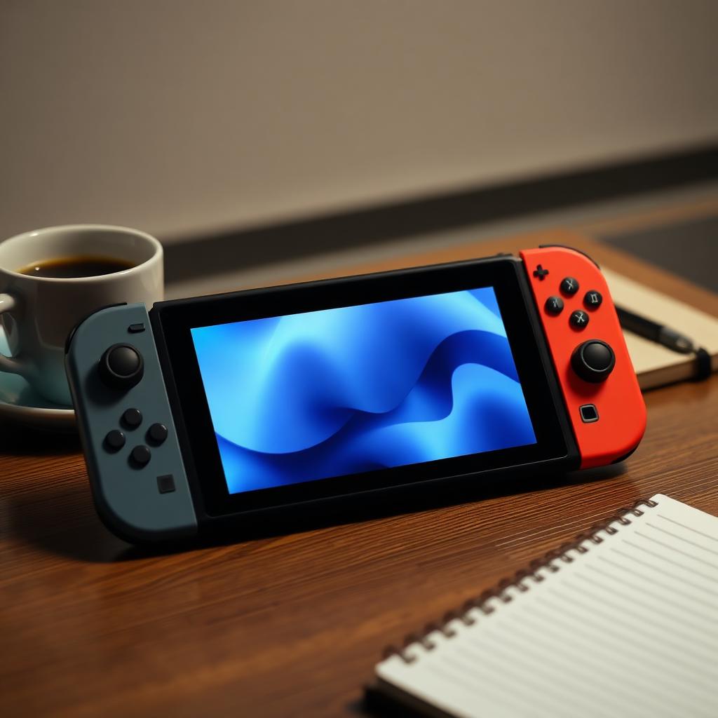 Handheld game console resting on a desk next to a notebook in a softly lit room
