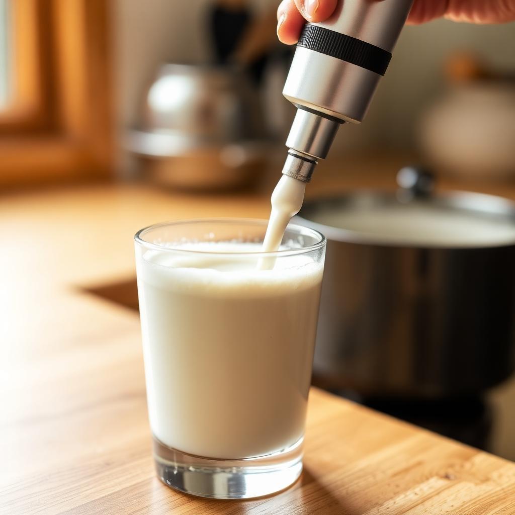 Handheld electric milk frother wand aerating cream in a small clear glass on a wooden kitchen counter