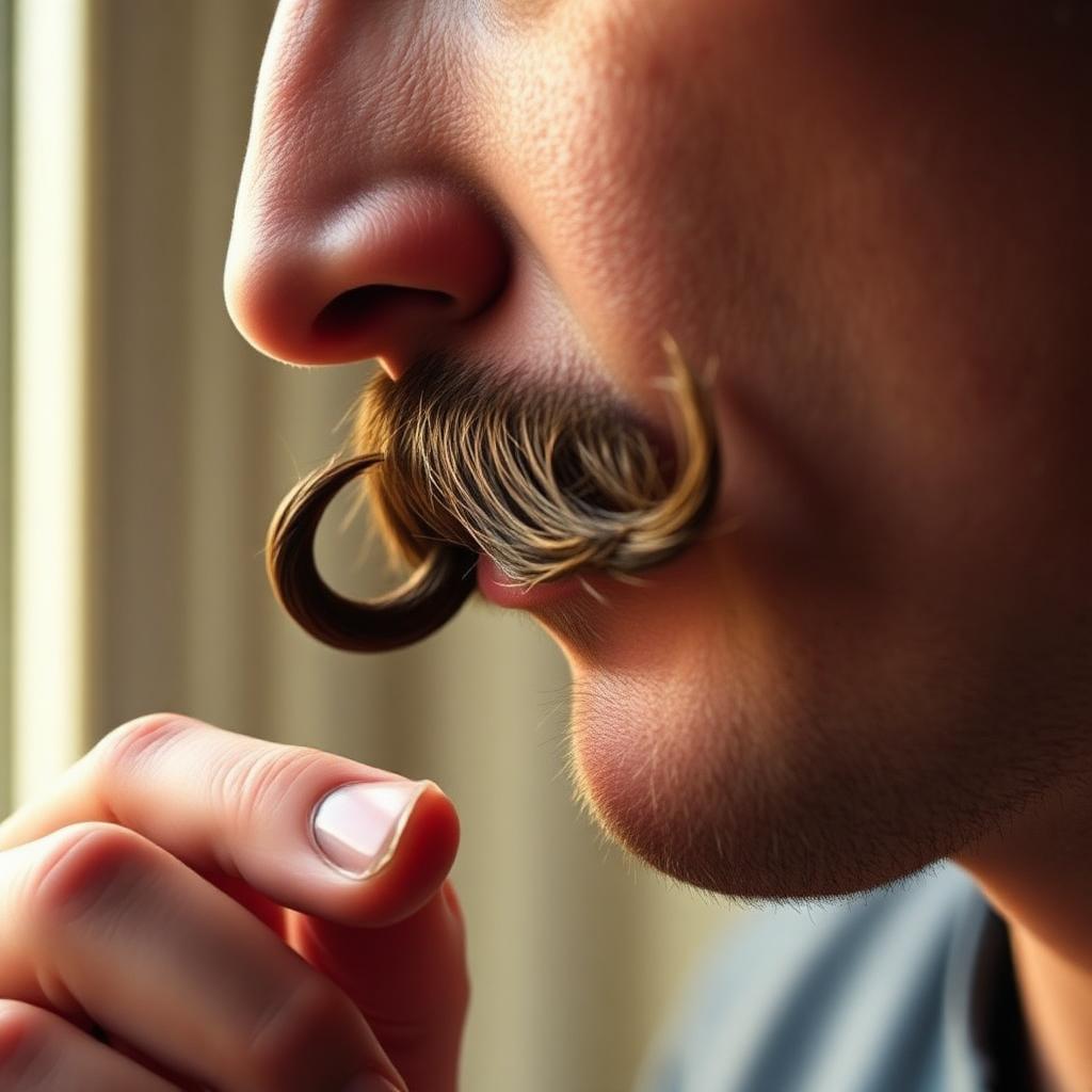Close up of a man twisting the tip of his waxed handlebar mustache into a curled point between his fingertips in side profile under warm window light