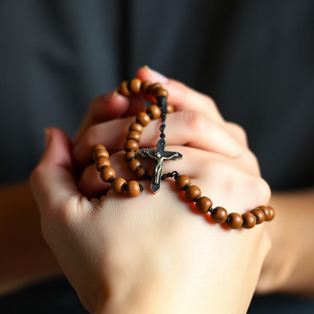 Close up of hands gently holding wooden rosary beads at the end of a decade