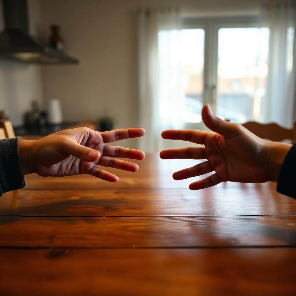 es My Husband Yell at Me: Two adult hands reaching toward each other across a wooden kitchen table in warm window light