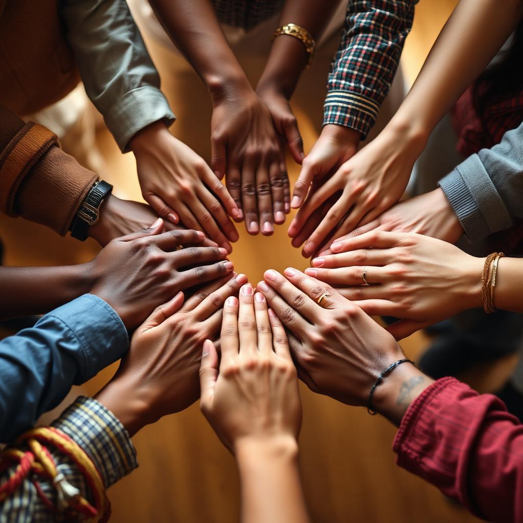Hands of diverse people from different backgrounds clasped together in a circle of unity, an image of a country praying together across differences