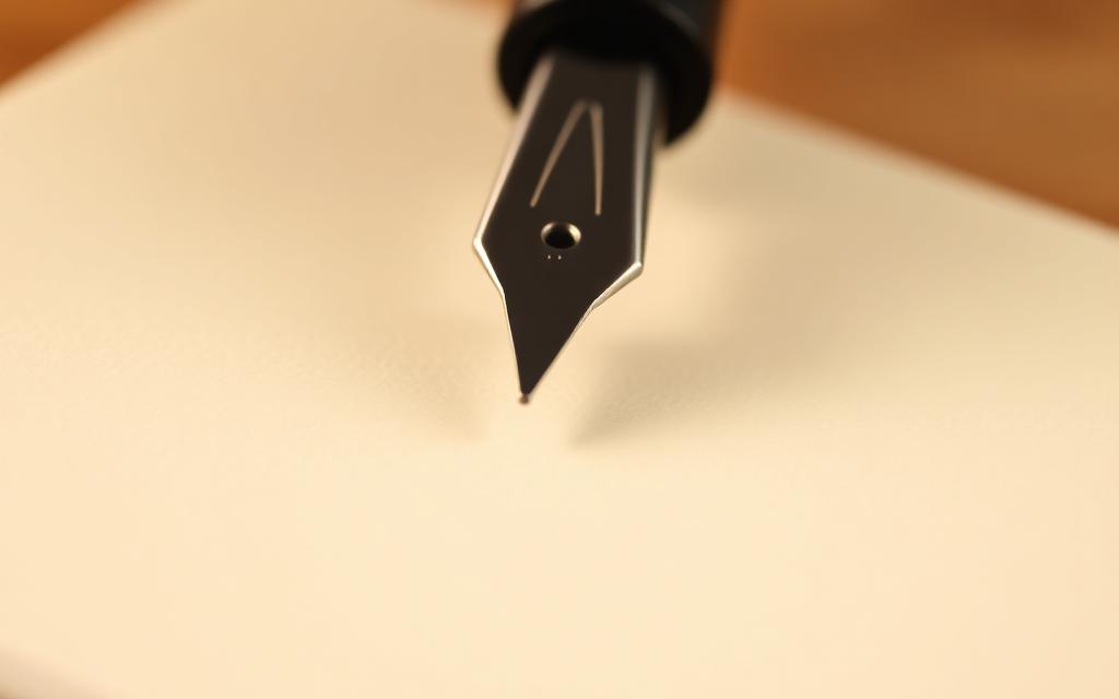 A black fountain pen nib resting on a blank cream notecard ready to write a thank you note