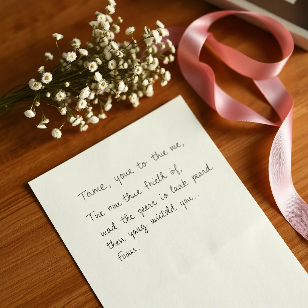 Hailee Steinfeld: Handwritten letter on cream paper beside a small bouquet of dried baby breath flowers and a soft pink ribbon
