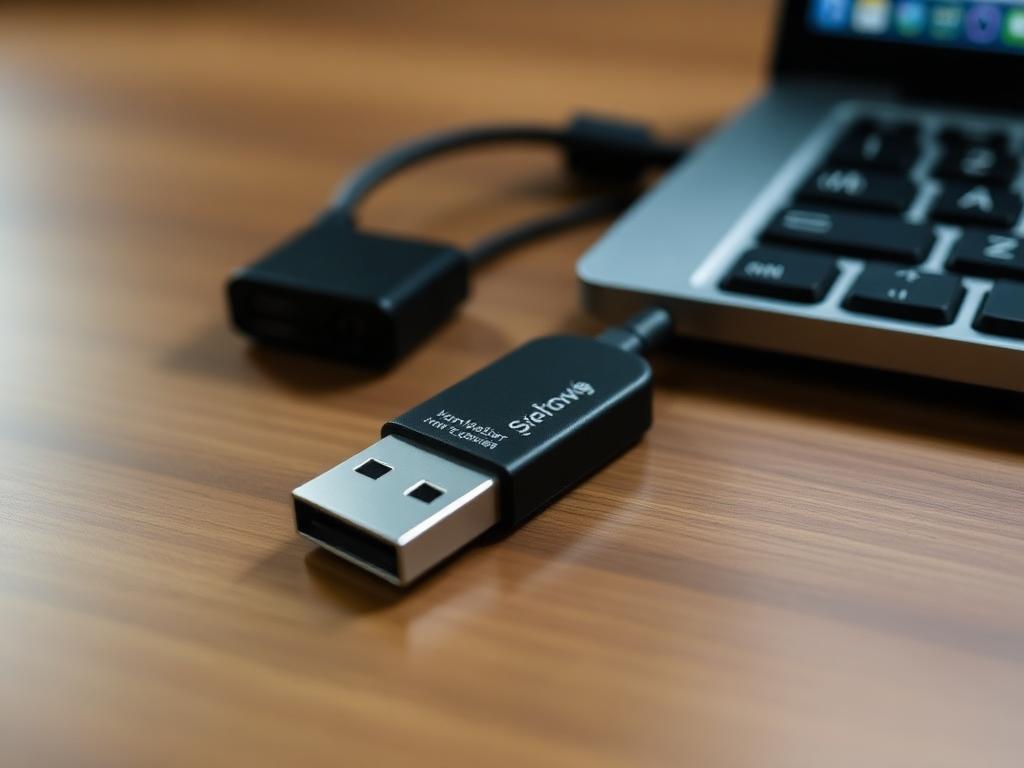 I Set Up Two Factor Authentication on My Accounts: USB hardware security key on a wooden desk next to a laptop keyboard