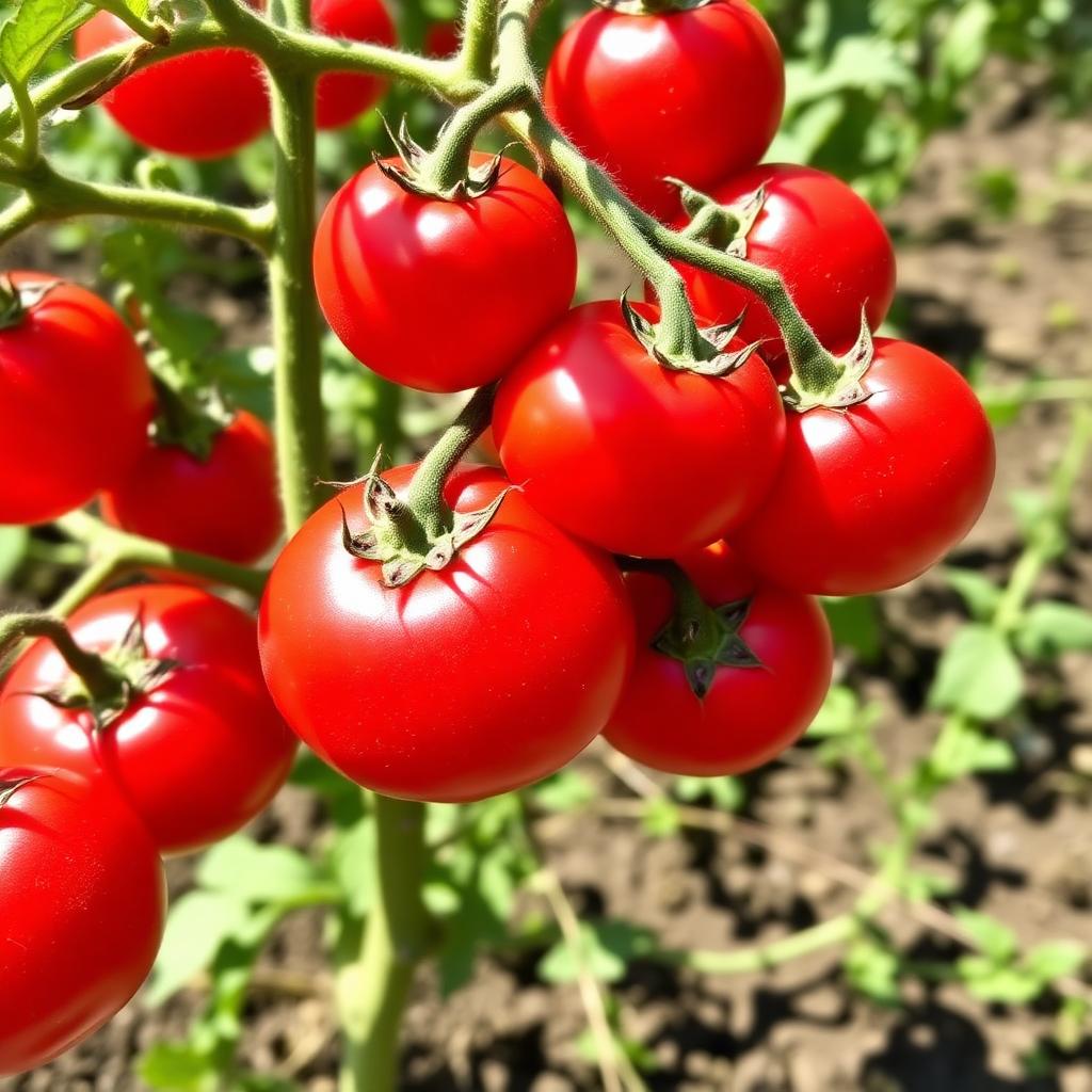 Cluster of ripening red tomatoes on a vigorous vine in summer sun
