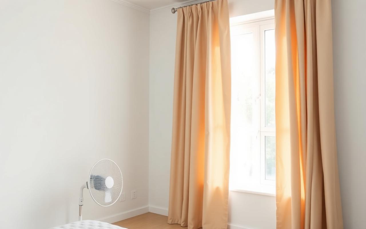 Bedroom with curtains drawn closed against afternoon sun and a floor fan running during a heat wave