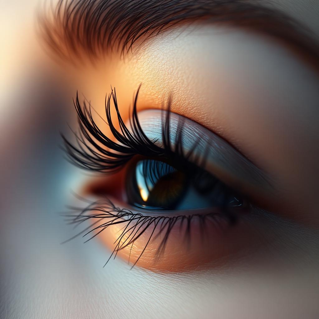 Extreme close-up of long curled dark eyelashes on a closed eye in warm soft window light