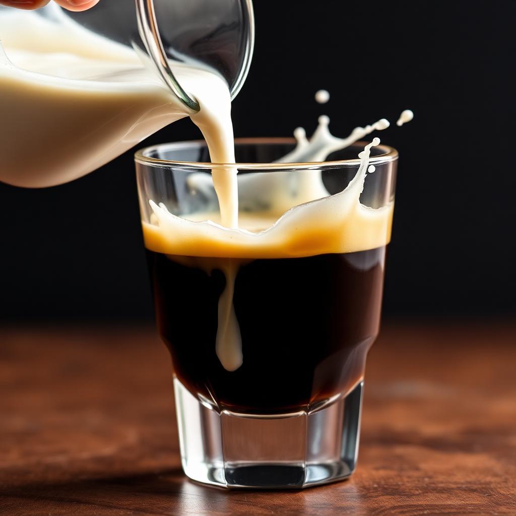 Cream pouring from a pitcher into a glass of dark espresso with a splash, illustrating the concentrated dairy base used to build protein cold foam