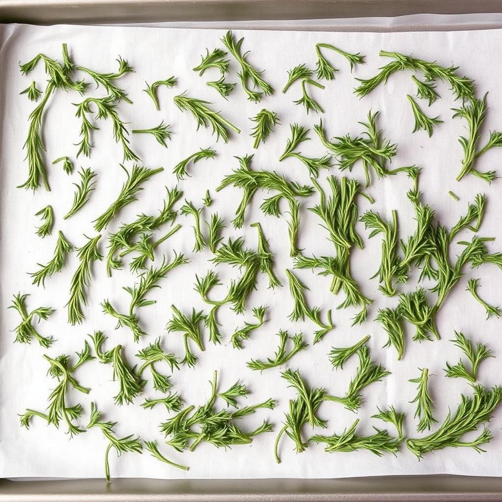Fresh rosemary and thyme sprigs spread out on a parchment lined baking sheet ready to freeze