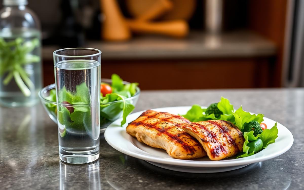 Glass of water beside a grilled chicken plate and leafy salad showing balance on a high protein diet
