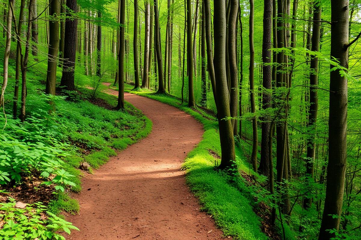 Narrow single track hiking trail through green forest showing where to step aside when passing