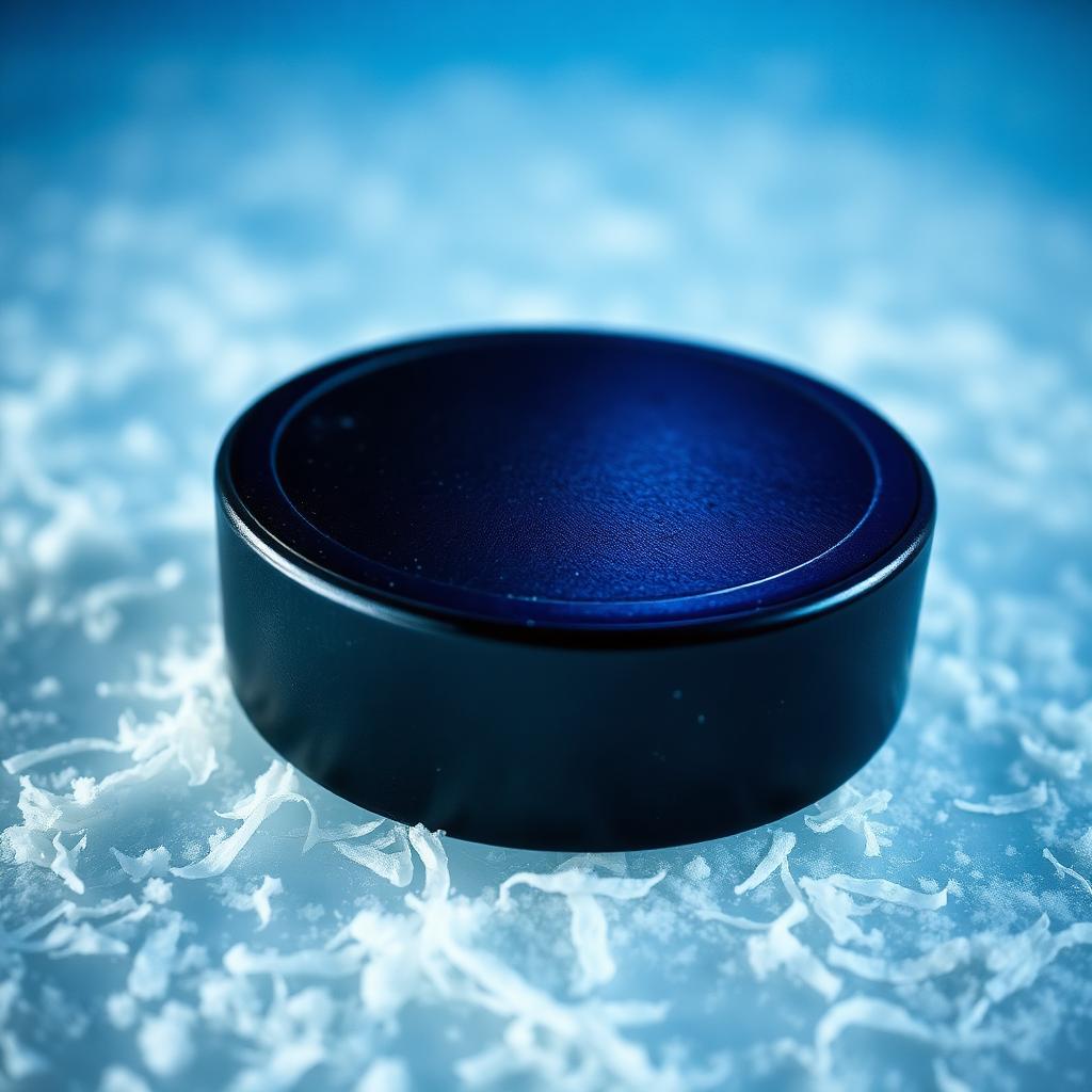 Macro shot of a black hockey puck on freshly resurfaced ice, symbolizing the start of the 2026 NHL Draft