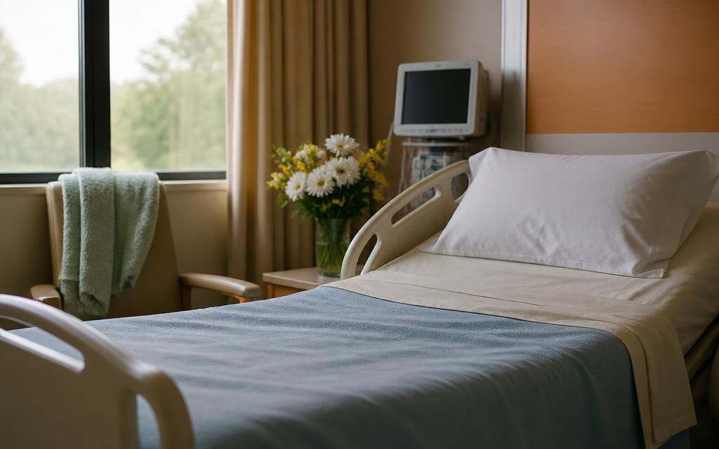 Quiet hospital room with a neatly made bed and flowers left by a visitor