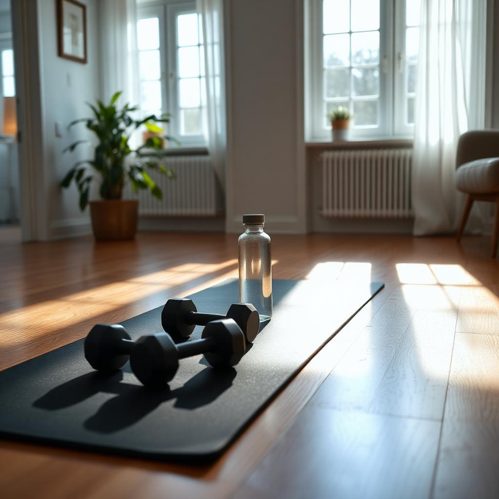 Beginners Improve Their Fitness: A yoga mat with dumbbells and a water bottle on a wooden floor in a bright sunlit living room
