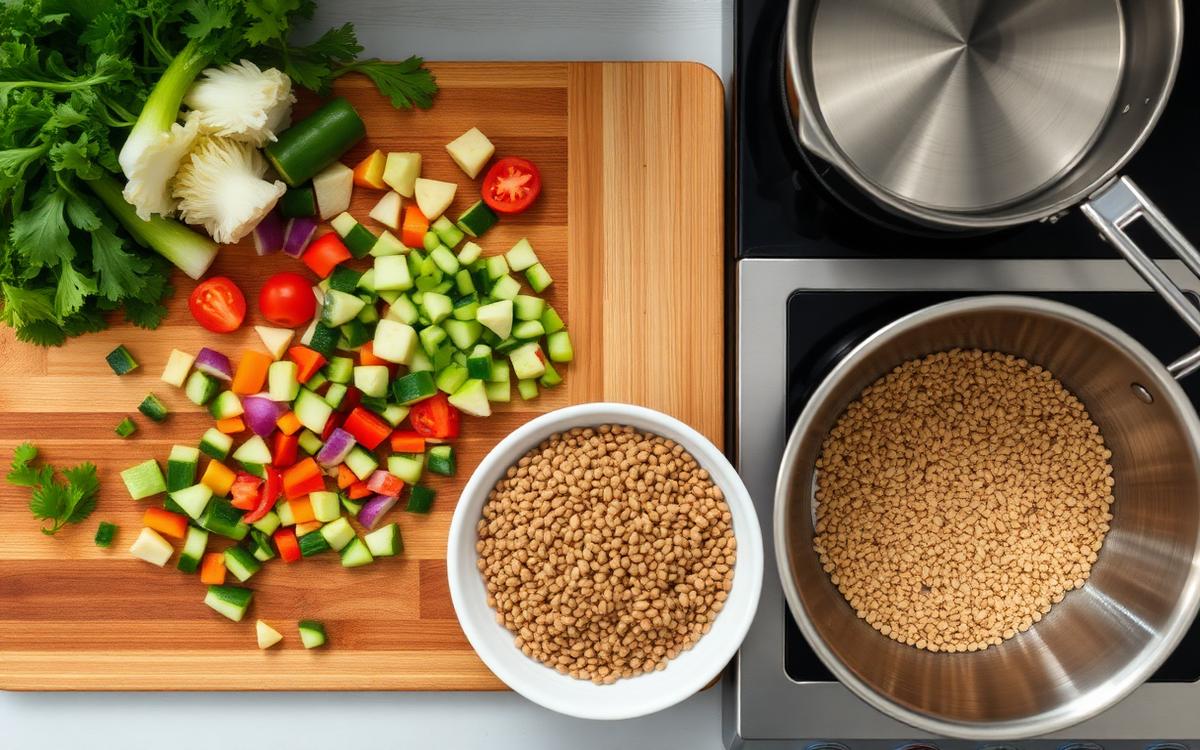 Overhead view of home cooking with chopped fresh vegetables on a board, a bowl of dry lentils and a pan of grains on the hob