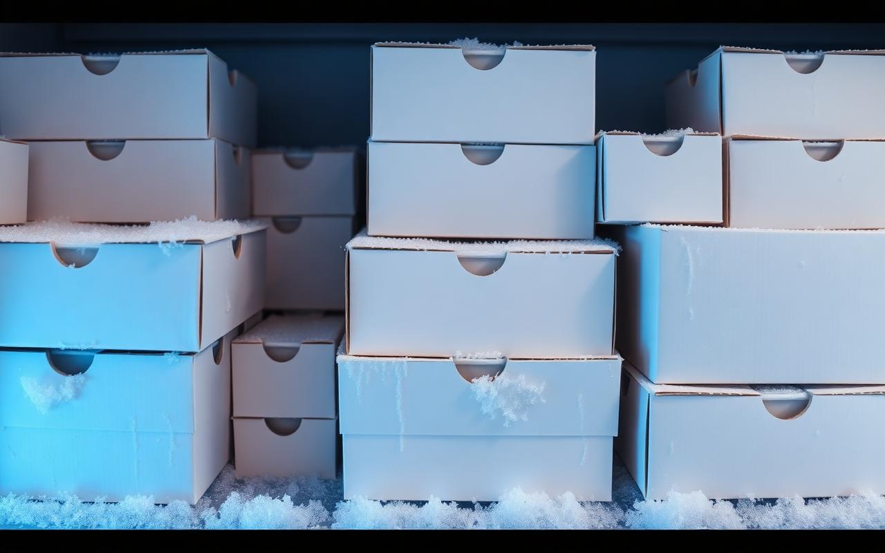 Frost covered cartons on a freezer shelf, where a recalled box of Outshine fruit bars is likely to be sitting