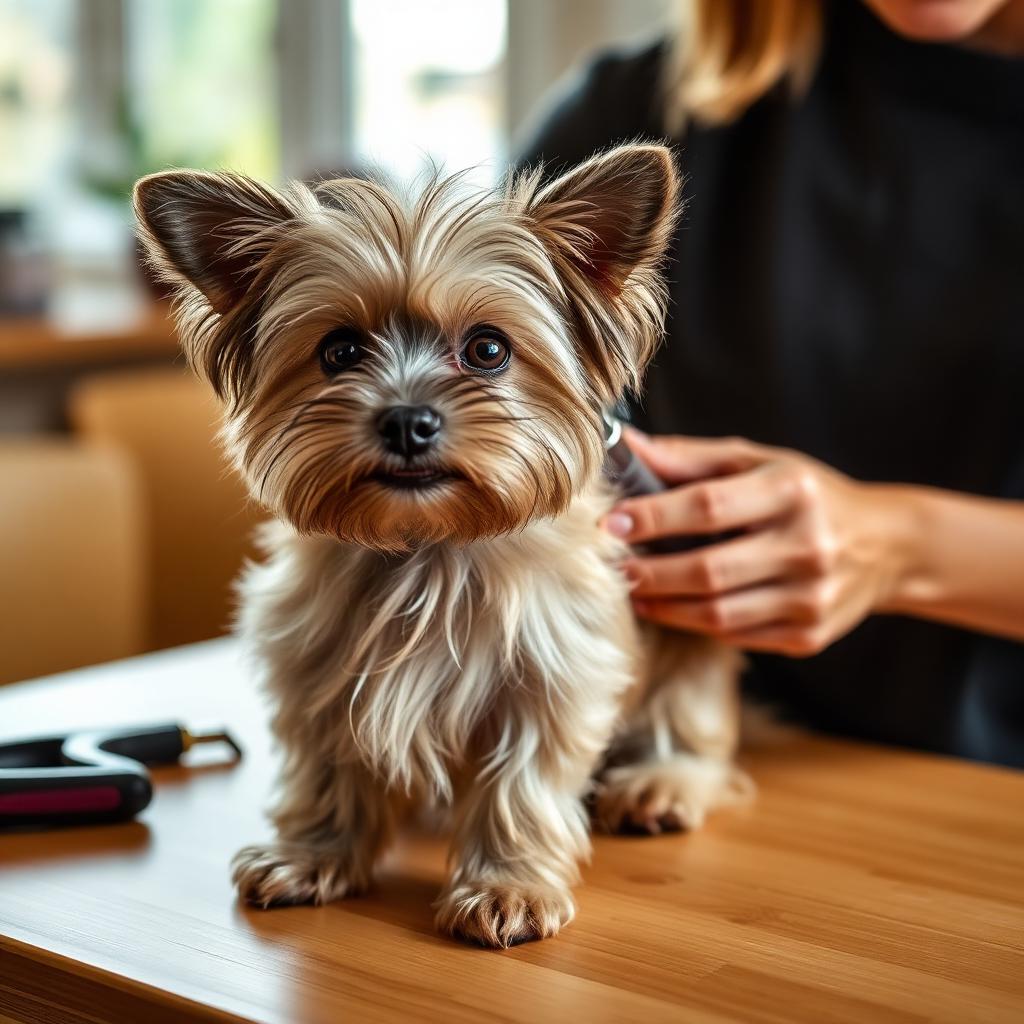 Hands using cordless dog grooming clippers on a small fluffy dog standing on a home grooming table