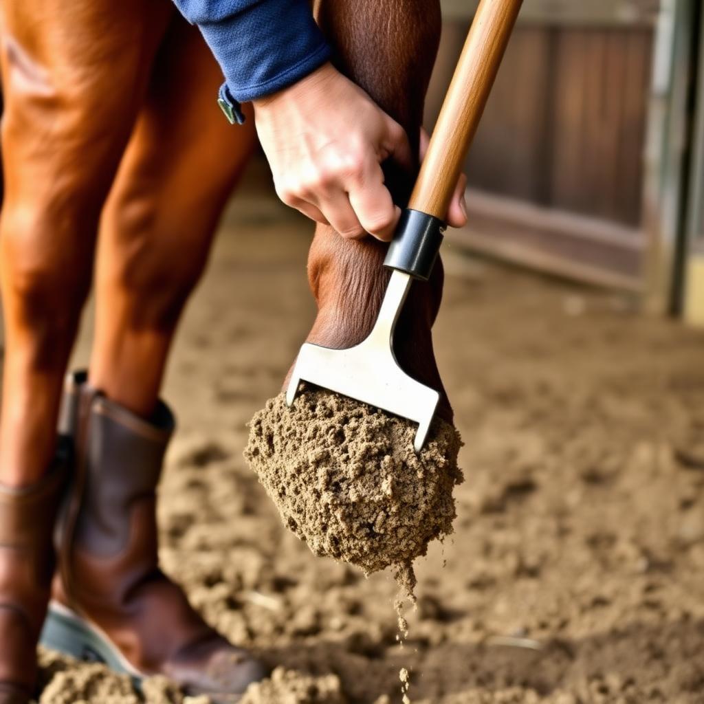 A person in boots and jeans holding a bay horse’s hoof up and cleaning packed mud out of the underside using a steel hoof pick with an integrated brush, working from heel toward toe in a barn aisle