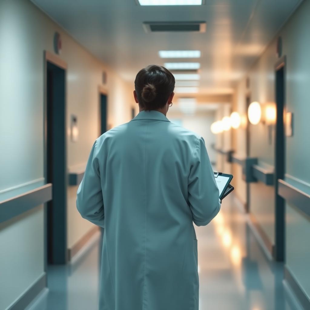 A nurse in a pale blue coat walking down a quiet softly lit hospital corridor seen from behind holding a clipboard