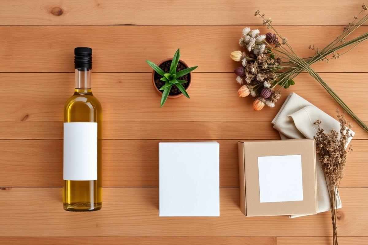 Flat lay of host gift options including olive oil, a potted herb, chocolates and cloth napkins