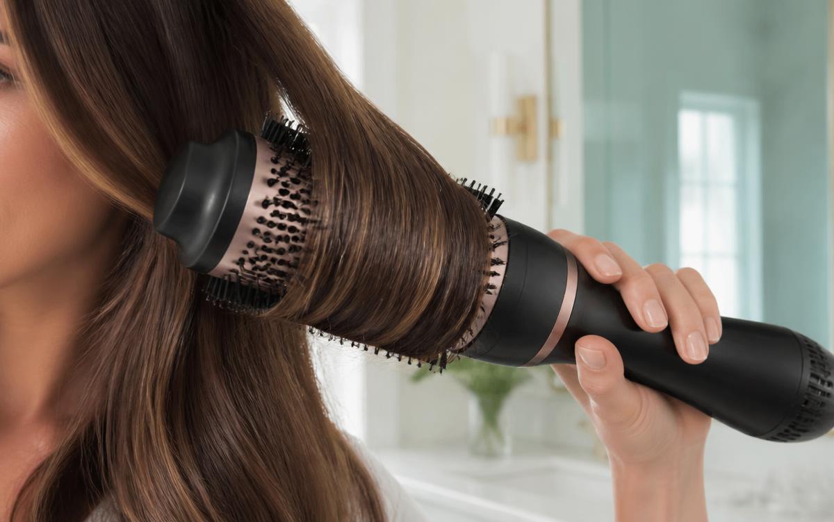 A woman rolling a rotating hot air brush under a section of medium brown hair for a bouncy blowout finish