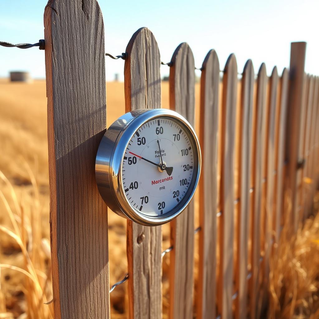 a Heat Dome: An outdoor analog thermometer mounted on a sun bleached wooden fence post in dry brown grass under harsh midday light.