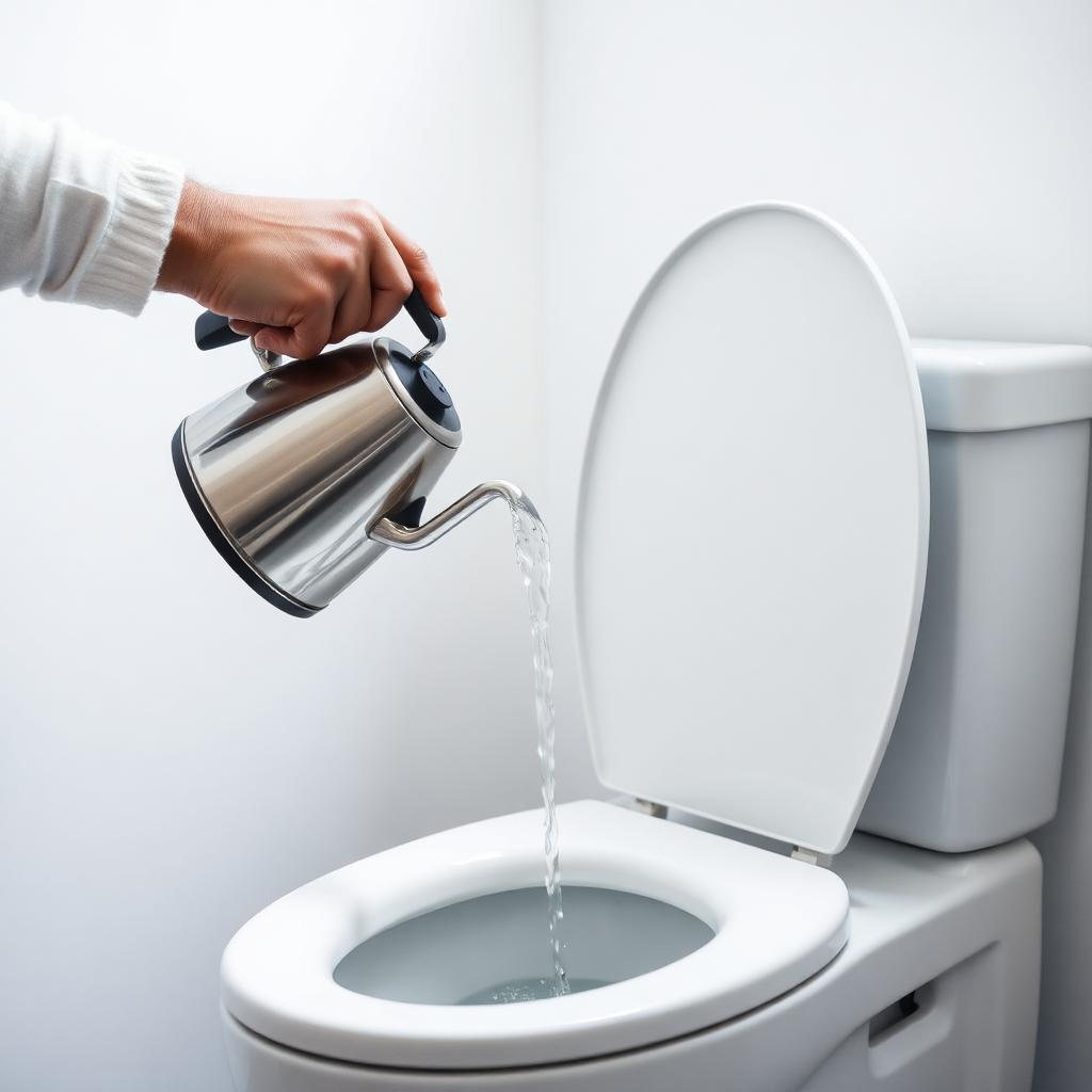 Hand pouring a stream of hot water from a stainless steel kettle into a white toilet bowl from waist height