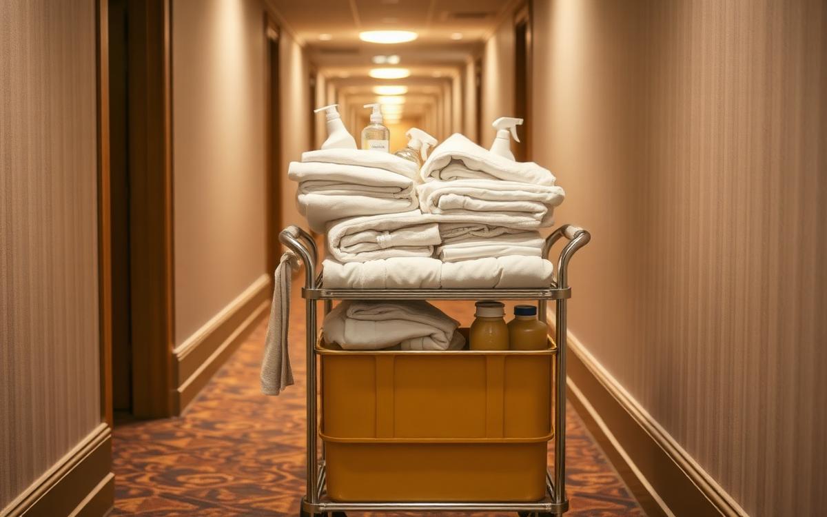 Hotel housekeeping cart stacked with folded white towels and linens in a corridor