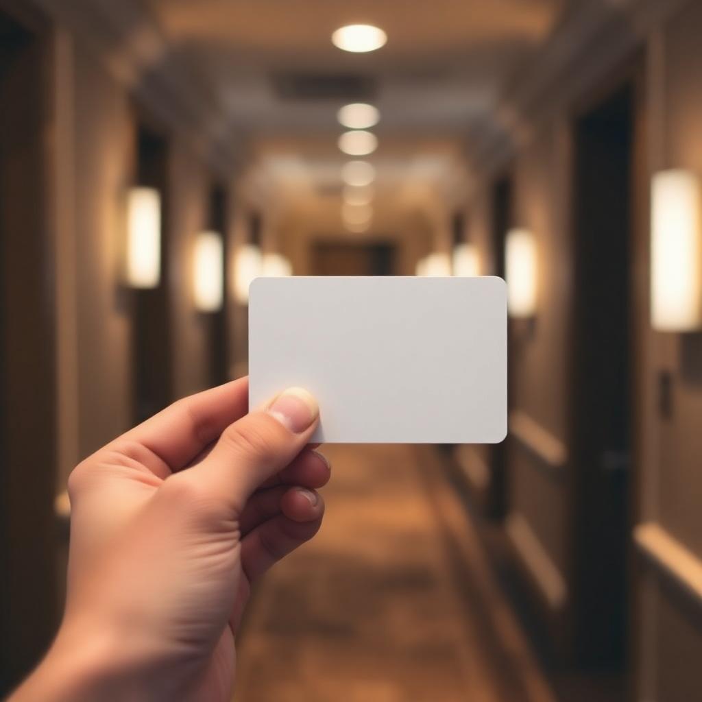 Hand holding plain white hotel keycard in warm corridor, illustrating how loyalty programmes save money on hotels