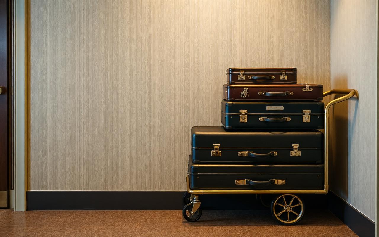 Suitcases stacked on a brass hotel luggage cart waiting in a lobby