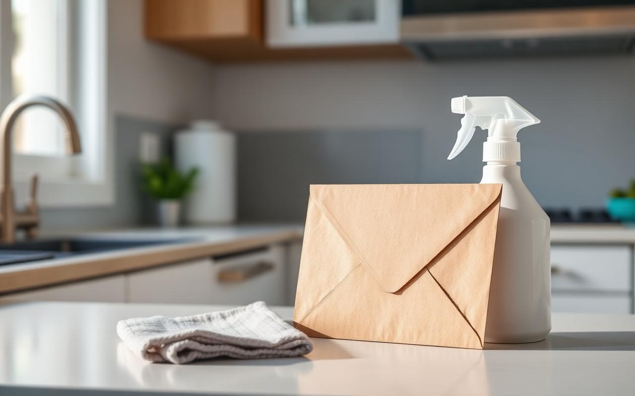 Plain envelope tip for a house cleaner left on a kitchen counter beside a cloth and spray bottle