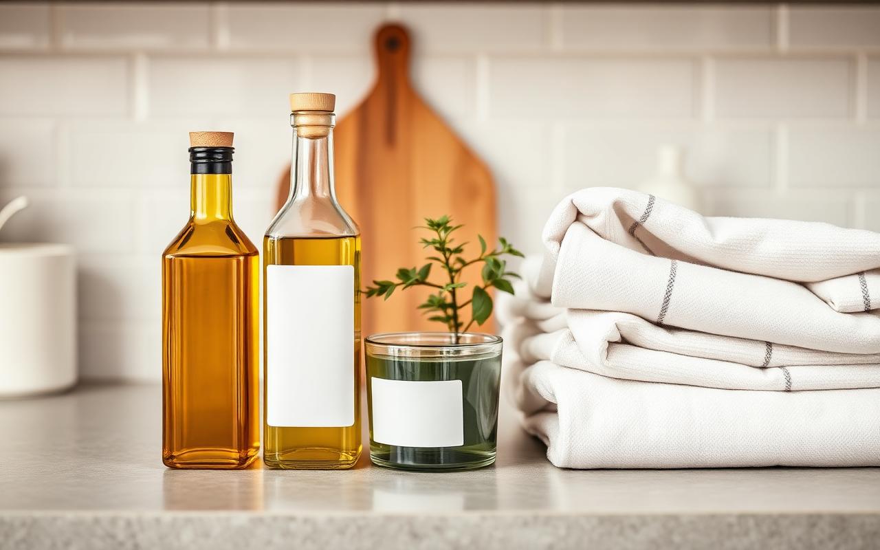Flat lay of housewarming gift ideas including a candle, plant, tea towels and a bottle