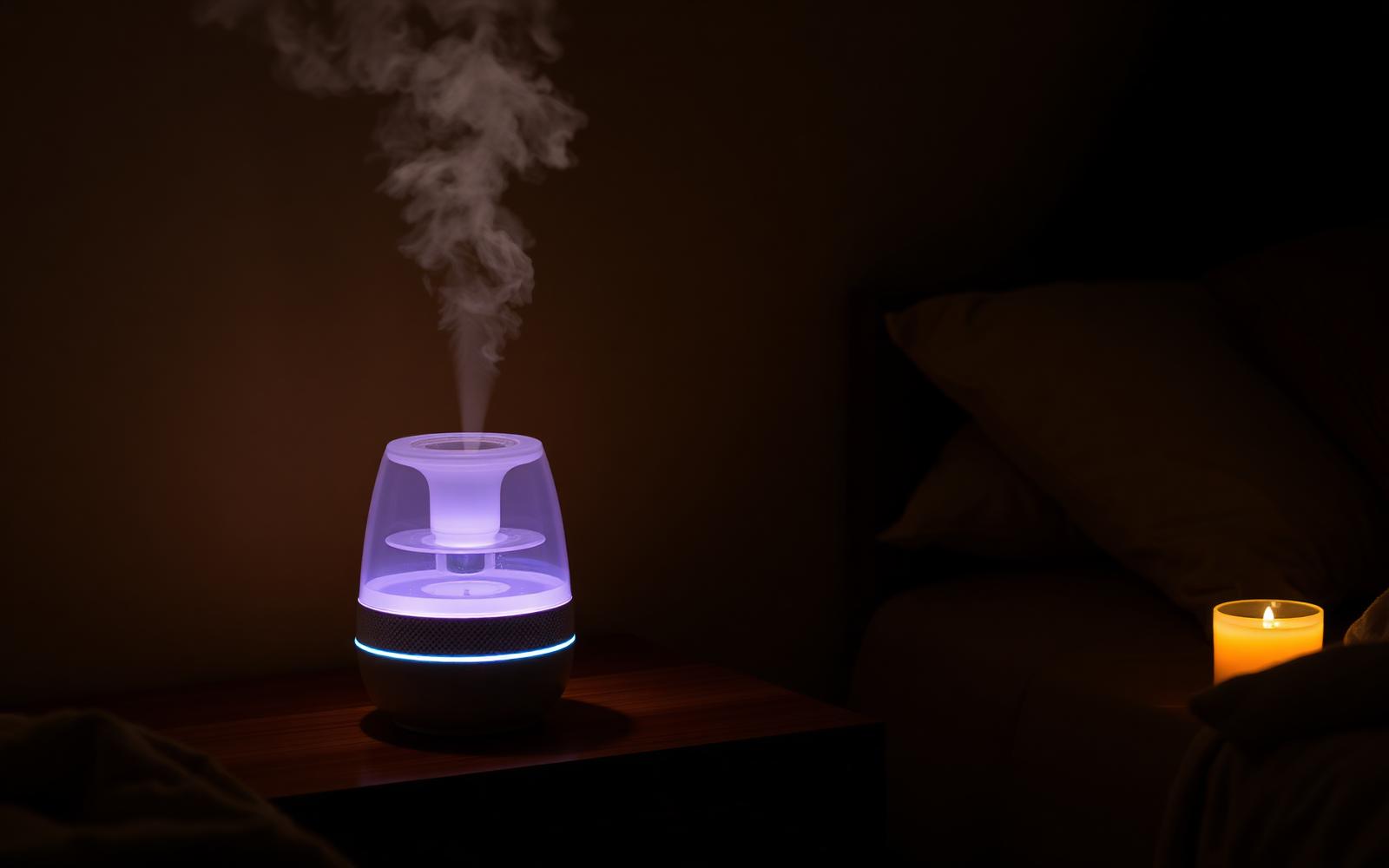 Cool mist humidifier on a bedside table releasing soft white mist in a dim cozy bedroom, regular descaling keeps the mist clean