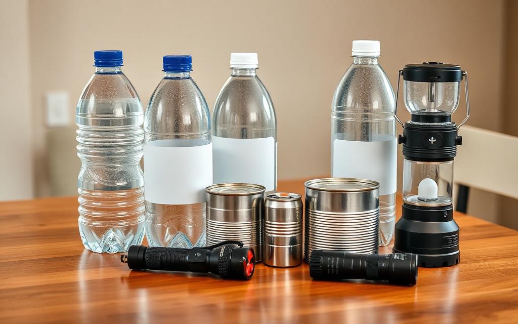 Emergency hurricane supplies including bottled water, canned food, flashlight and batteries laid out on a table