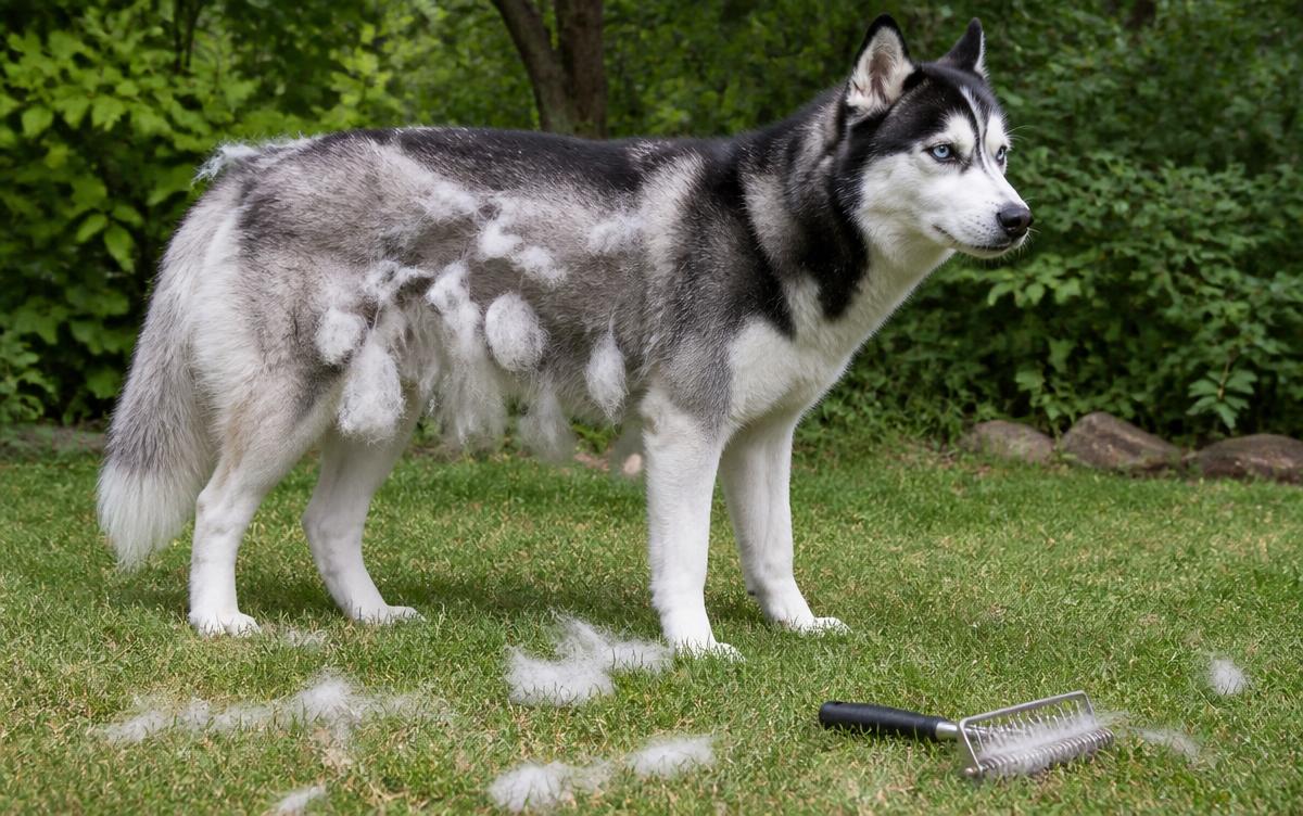 Grooming a Husky in shedding season: a Siberian Husky outdoors with clumps of loose undercoat lifting from its flank and an undercoat rake on the grass