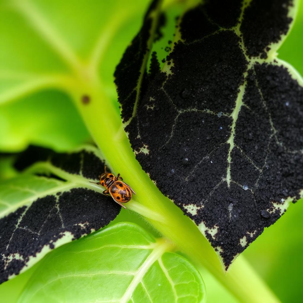 Hydrangea leaf coated in black sooty mold caused by scale honeydew