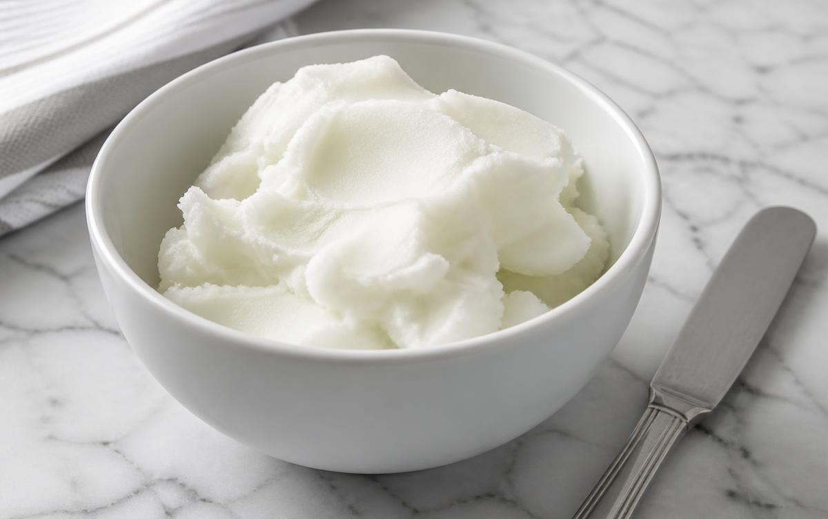 Solid white vegetable shortening in a bowl, the classic source of trans fats in baking