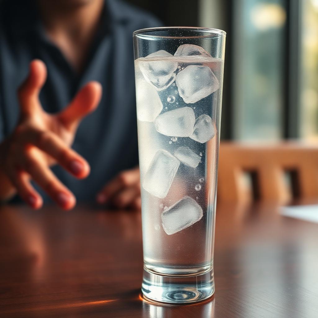 Tall glass of ice cold water with condensation droplets on a wooden table, hand reaching for it