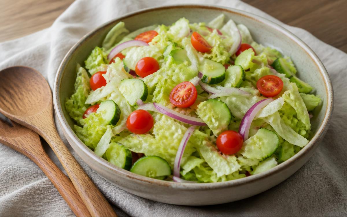Bowl of shredded iceberg lettuce salad with cherry tomatoes, cucumber and red onion beside wooden salad servers