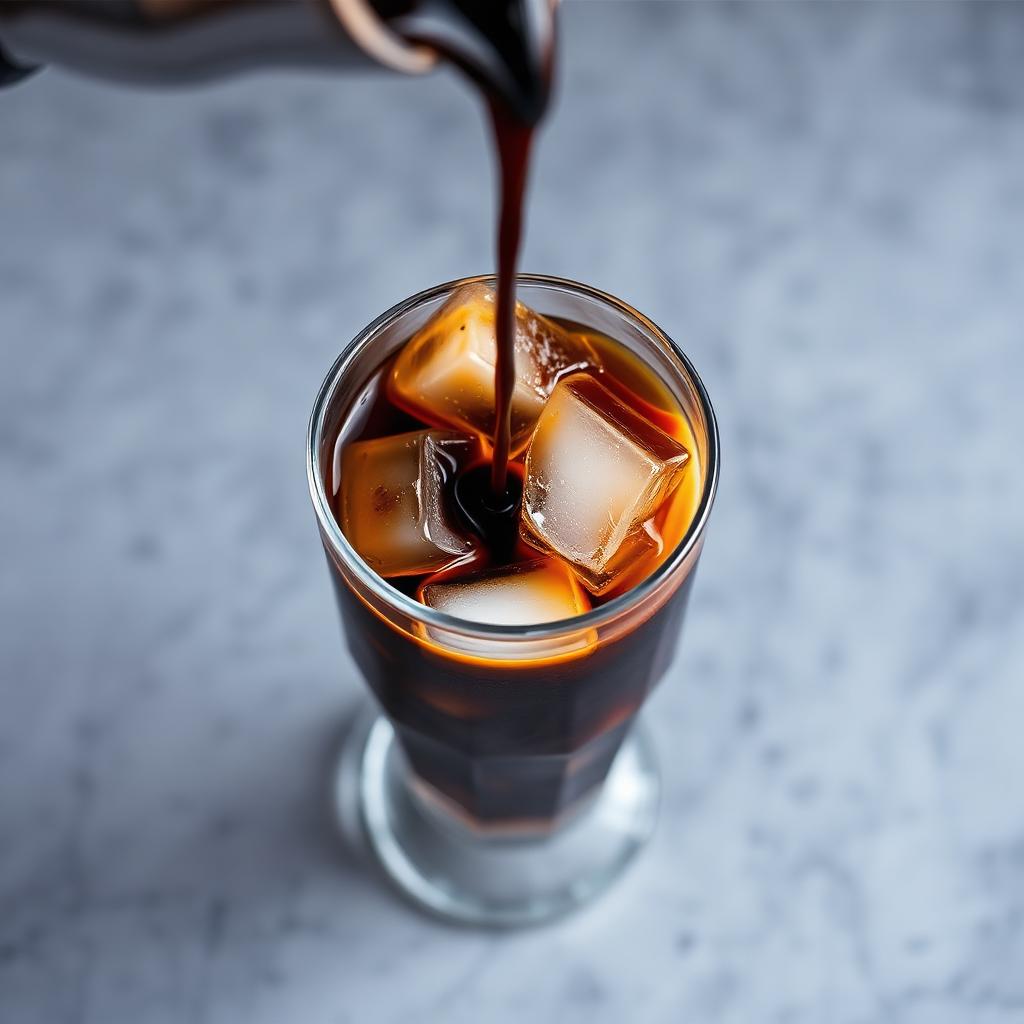 Espresso streaming from a portafilter over clear ice cubes into a tall glass to build an iced americano at a cafe counter